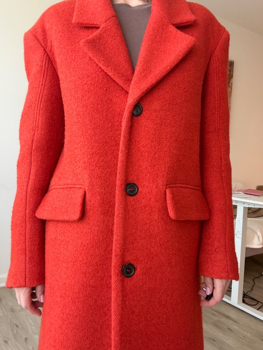 ZARA Red Long Coat Wool Blend Structured Tailored